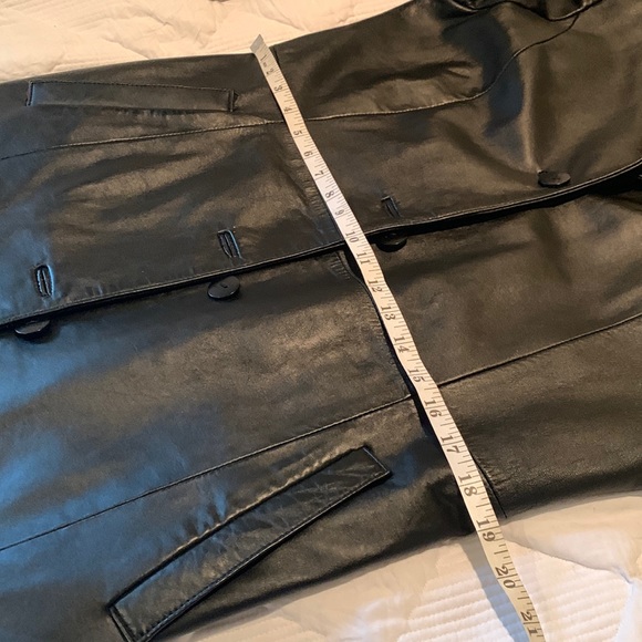 Black Leather Trench Coat Mob Wife Midi Buttons Matrix Preppy Dark Academia - Picture 14 of 14